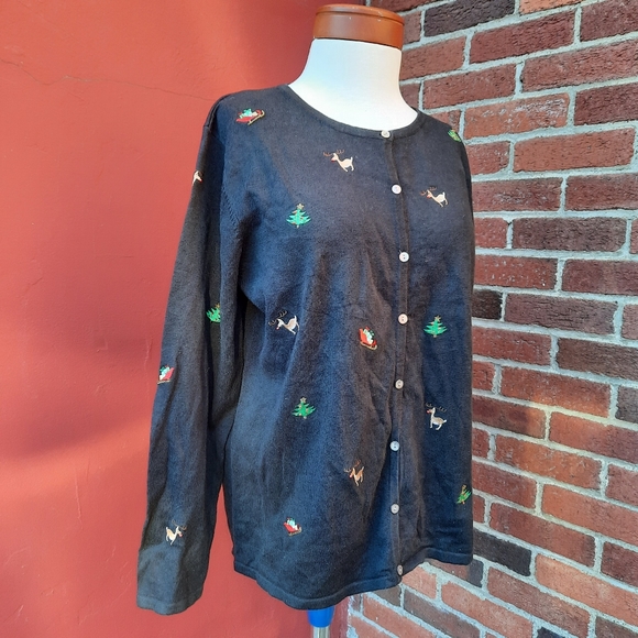 Vintage Y2K Ugly Christmas Sweater Embroidered Reindeer Cardigan Holiday - Picture 4 of 10